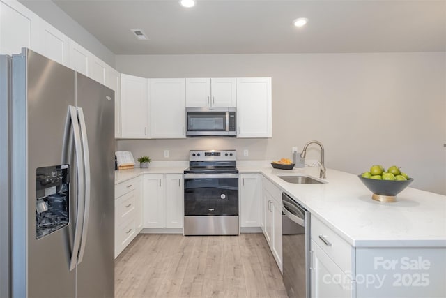 kitchen with sink, stainless steel appliances, white cabinets, kitchen peninsula, and light wood-type flooring