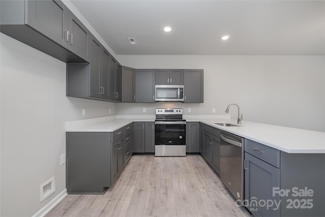 kitchen with gray cabinets, sink, kitchen peninsula, stainless steel appliances, and light wood-type flooring