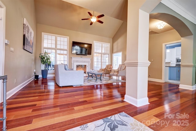 living room featuring ornate columns, a high end fireplace, wood-type flooring, and a wealth of natural light