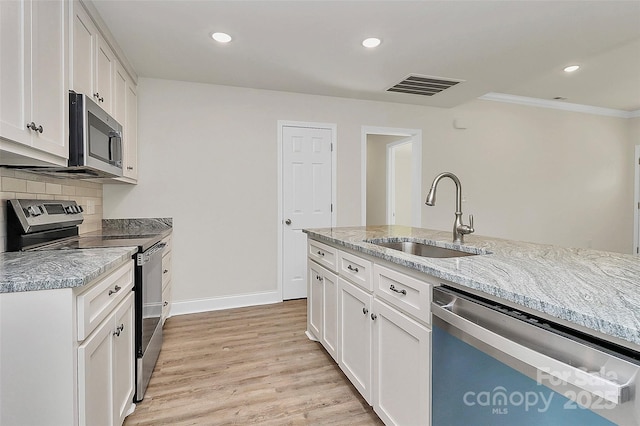 kitchen featuring stainless steel appliances, backsplash, white cabinets, and sink