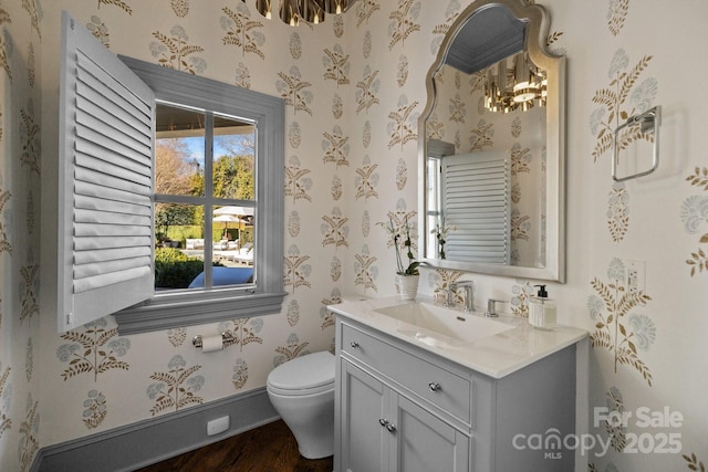 bathroom with hardwood / wood-style floors, toilet, and vanity