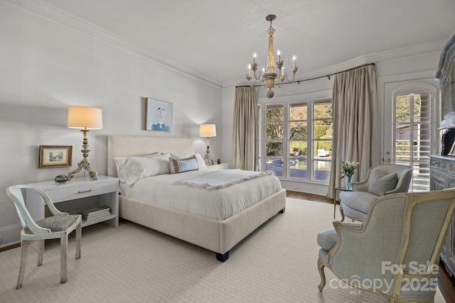 bedroom featuring crown molding, an inviting chandelier, and multiple windows