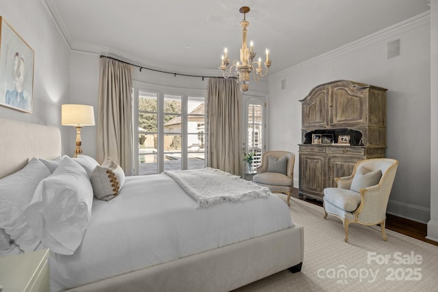 bedroom with crown molding, an inviting chandelier, and light hardwood / wood-style flooring