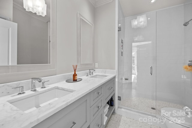 bathroom with toilet, crown molding, tile patterned flooring, vanity, and a shower with door