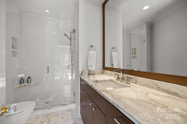 bathroom featuring an enclosed shower, vanity, toilet, and tile patterned flooring