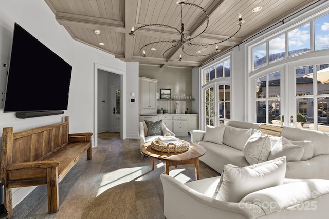 living room with dark wood-type flooring, french doors, beam ceiling, and wood ceiling