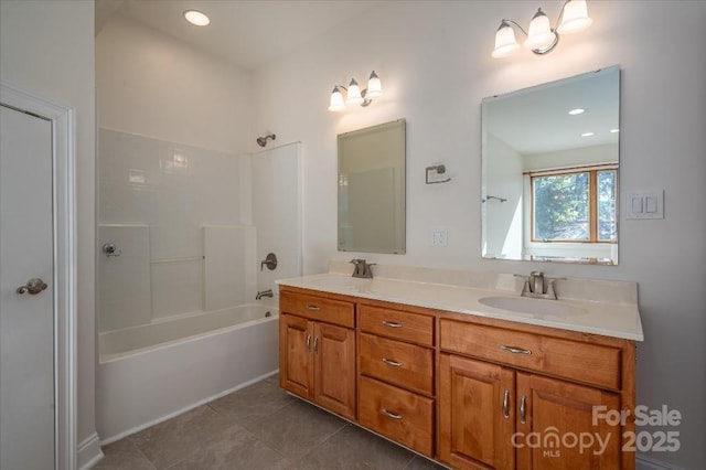 bathroom featuring shower / washtub combination, tile patterned flooring, and vanity