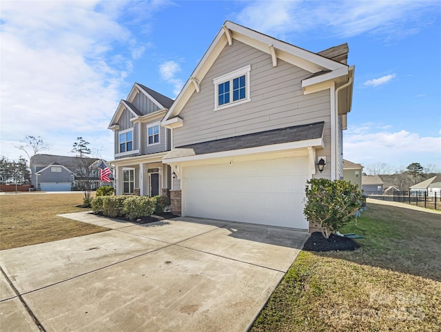 craftsman inspired home with a front yard and a garage