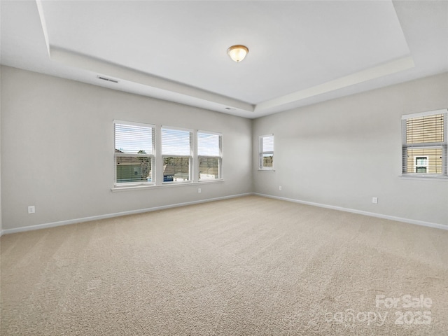 spare room featuring carpet flooring and a tray ceiling