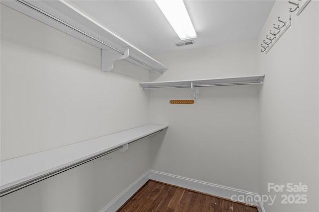 spacious closet with dark hardwood / wood-style flooring