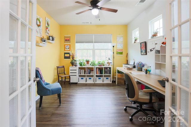 office featuring ceiling fan, french doors, and dark hardwood / wood-style flooring