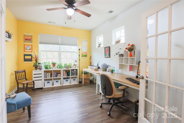 office space featuring ceiling fan, dark hardwood / wood-style floors, and a healthy amount of sunlight