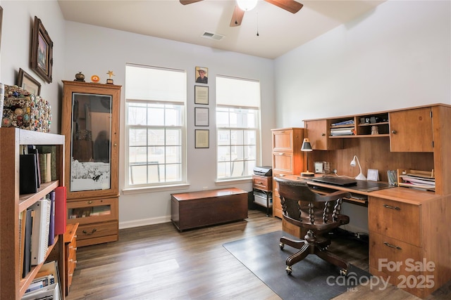 office area featuring ceiling fan and dark hardwood / wood-style flooring