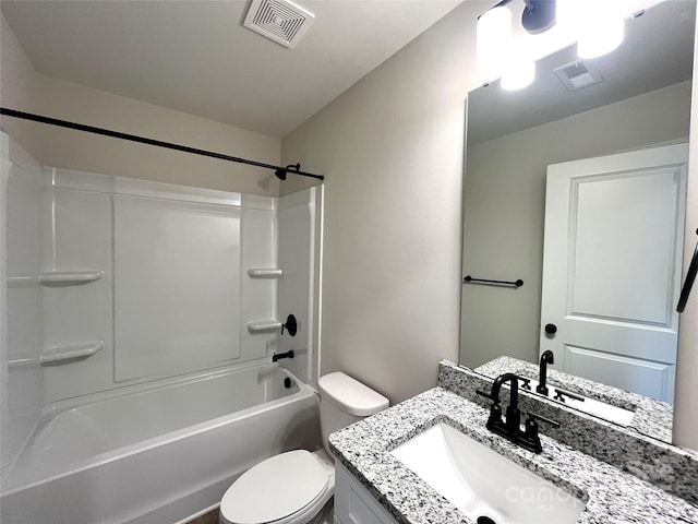 full bathroom with shower / bathtub combination, toilet, and vanity