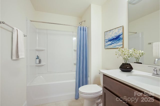 full bathroom with shower / bath combo, toilet, tile patterned floors, and vanity