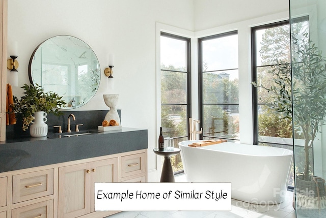 bathroom with a tub to relax in, vanity, and a healthy amount of sunlight