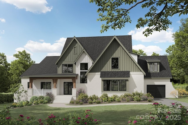 modern inspired farmhouse featuring a front lawn, a garage, and covered porch