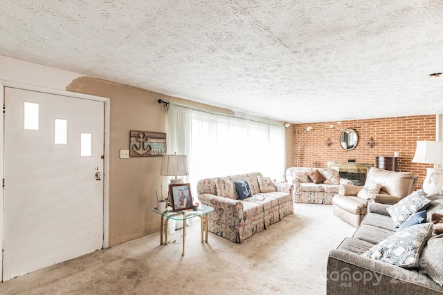 living room with a textured ceiling and carpet flooring