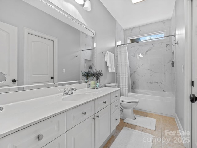 full bathroom featuring shower / tub combo with curtain, toilet, tile patterned flooring, and vanity