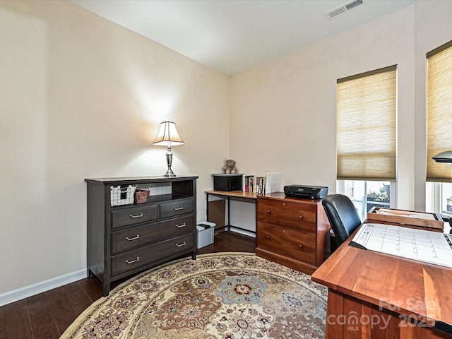 home office featuring dark hardwood / wood-style floors