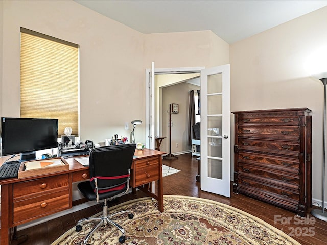 office area with dark hardwood / wood-style flooring and french doors