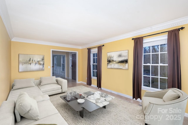 living room featuring crown molding and baseboards