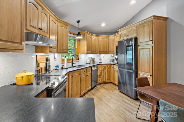 kitchen with lofted ceiling, pendant lighting, sink, light hardwood / wood-style flooring, and stainless steel appliances