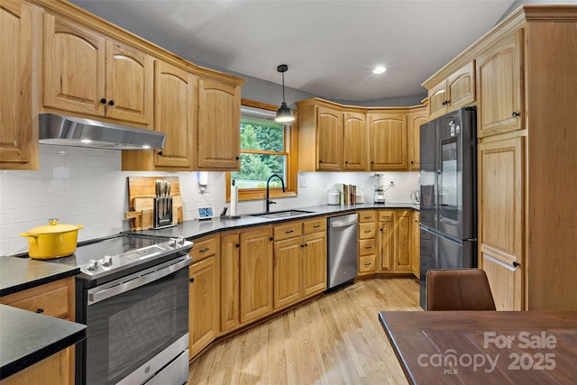 kitchen with tasteful backsplash, pendant lighting, sink, light wood-type flooring, and stainless steel appliances