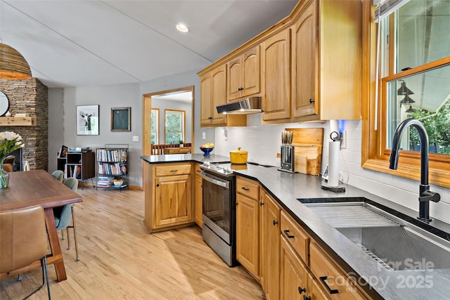 kitchen with stainless steel range with electric stovetop, a wealth of natural light, tasteful backsplash, and sink