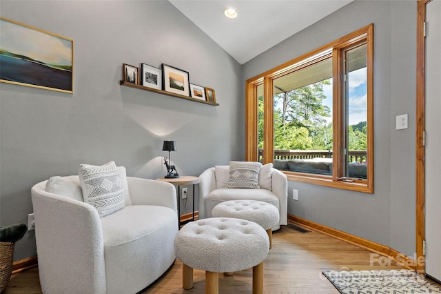 living area with light hardwood / wood-style floors and lofted ceiling