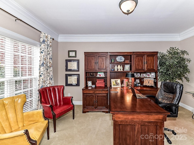 carpeted office space with crown molding