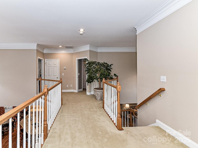 corridor featuring crown molding and light carpet