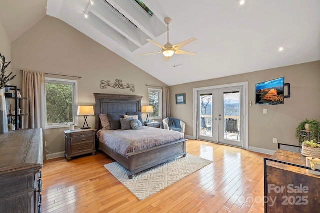 bedroom with light hardwood / wood-style flooring, ceiling fan, high vaulted ceiling, access to outside, and french doors