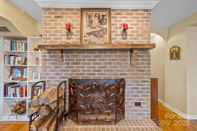 details featuring wood-type flooring and a fireplace