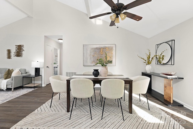10912 Treebark Dr, Charlotte, NC 28226 - dining space with wood finished floors, baseboards, a ceiling fan, and high vaulted ceiling
