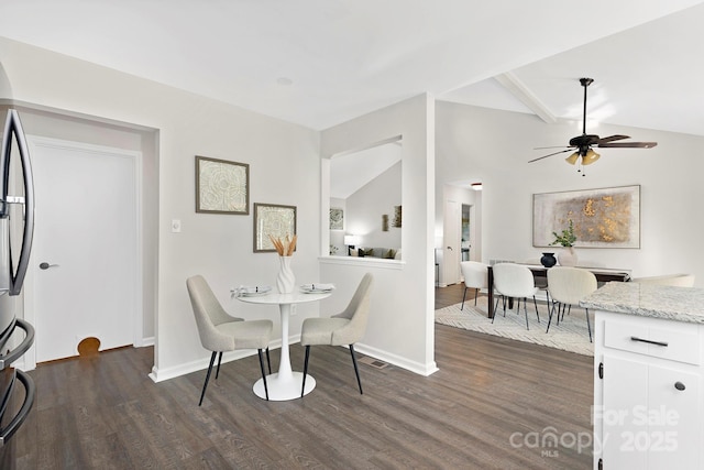 10912 Treebark Dr, Charlotte, NC 28226 - dining area with dark wood-type flooring, a ceiling fan, and baseboards