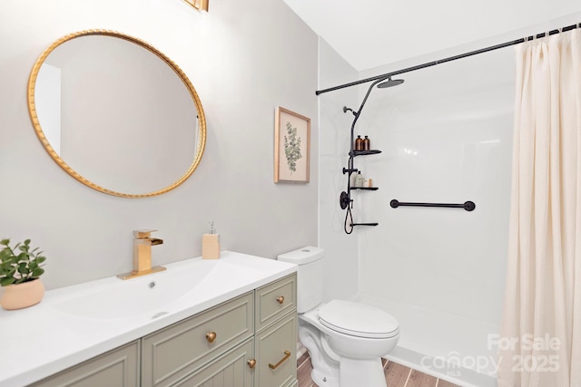 10912 Treebark Dr, Charlotte, NC 28226 - bathroom featuring toilet, a shower with shower curtain, vanity, and wood finished floors