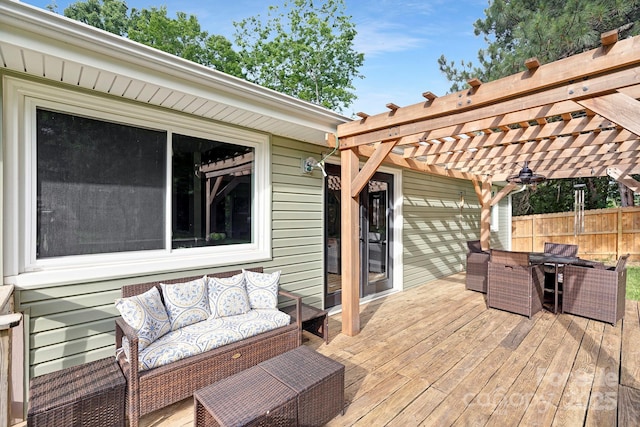 10912 Treebark Dr, Charlotte, NC 28226 - wooden deck with an outdoor hangout area, a pergola, and fence