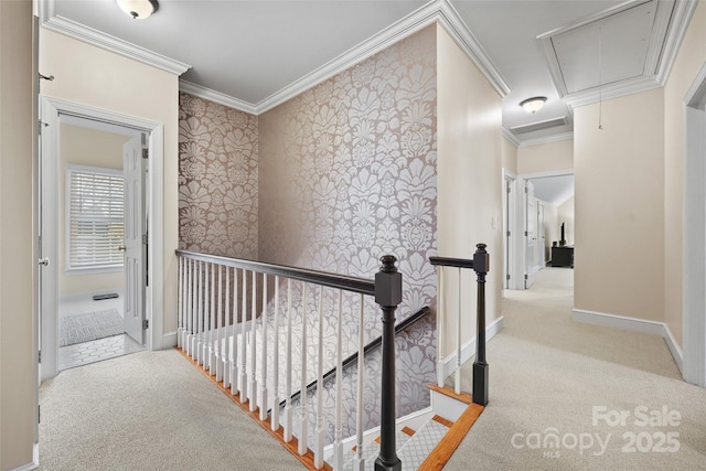 hallway featuring light carpet and ornamental molding