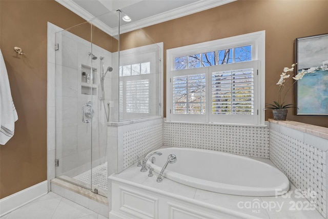 bathroom with ornamental molding, tile patterned flooring, and shower with separate bathtub