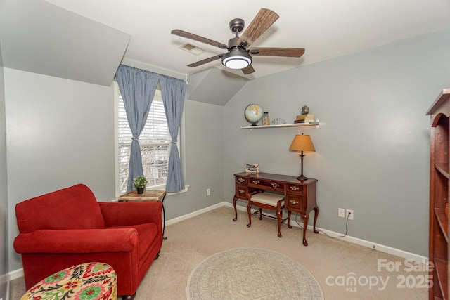 living area featuring ceiling fan, lofted ceiling, and light colored carpet