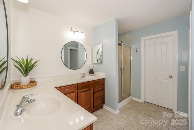 bathroom with an enclosed shower, vanity, and tile patterned floors