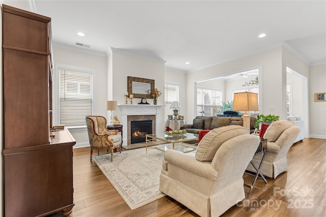 living room featuring hardwood / wood-style floors and ornamental molding