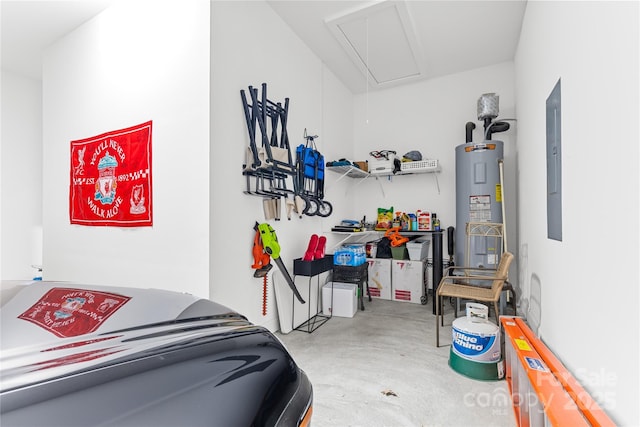 garage with electric panel and water heater