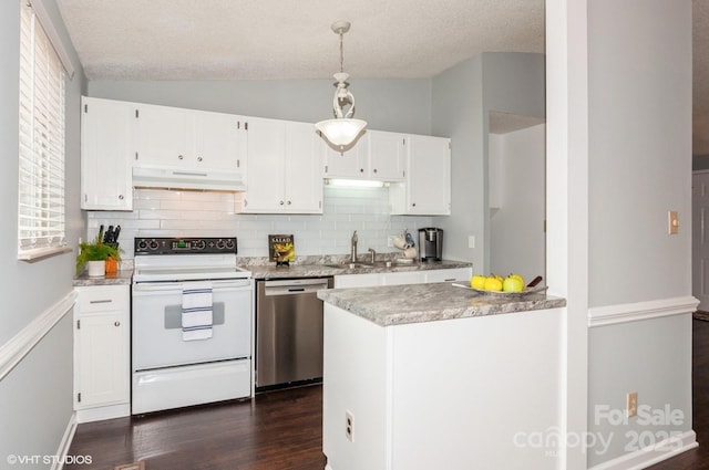 kitchen with white electric range oven, vaulted ceiling, hanging light fixtures, stainless steel dishwasher, and white cabinets