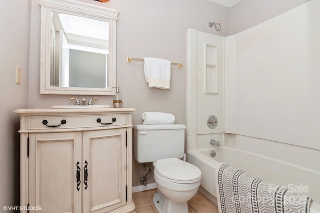 full bathroom with shower / bathtub combination, vanity, toilet, and tile patterned flooring