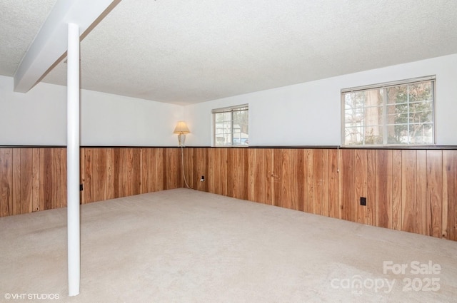 basement with carpet and a textured ceiling