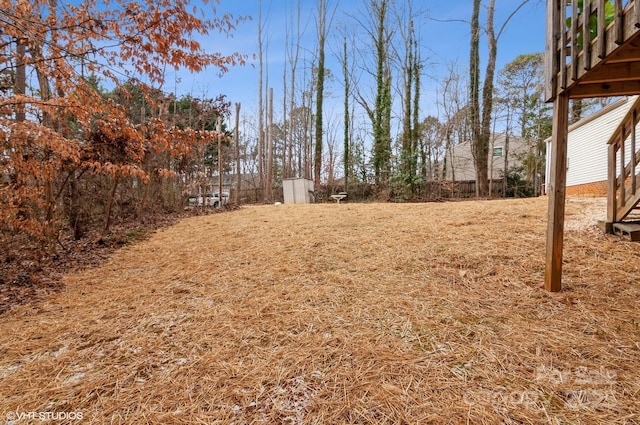 view of yard featuring a storage unit