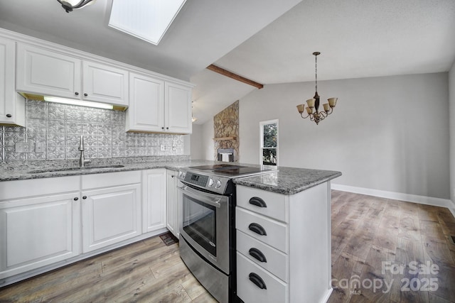 kitchen featuring lofted ceiling with beams, white cabinetry, sink, kitchen peninsula, and electric stove