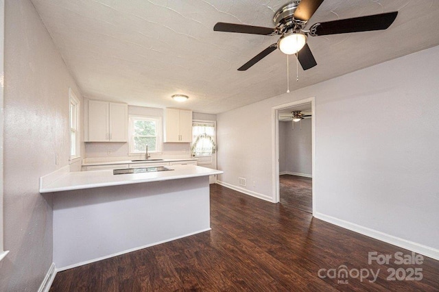 kitchen with kitchen peninsula, sink, dark wood-type flooring, white cabinets, and black electric cooktop